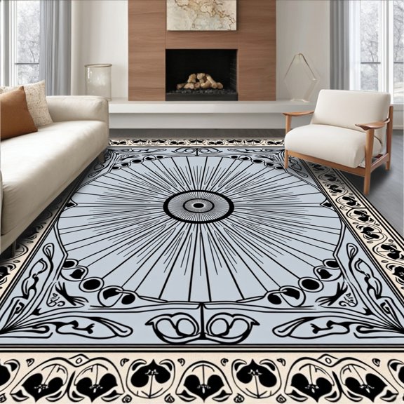 ODIKA 4'x6' Machine Washable Non-Slip Area Rug, Ethereal Mosaic Rhythmic Artistic Nouveau Boho High Traffic Rug, Beige, 488641