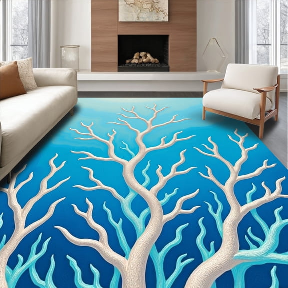 ODIKA 4'x6' Machine Washable Non-Slip Area Rug, Ethereal Reef Painterly Elegant Marine Whisper High Traffic Rug, Blue, 664392