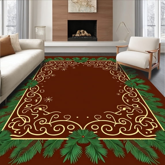 ODIKA 4'x6' Machine Washable Non-Slip Area Rug, Evergreen Swirl Merry Christmas Floor High Traffic Rug with Pad, Brown, 626272