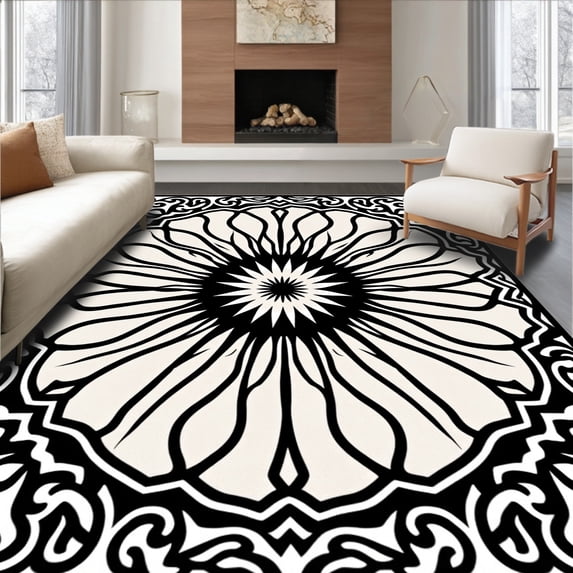 ODIKA 4'x6' Machine Washable Non-Slip Area Rug, Evoke Starburst With Radiant Medallion Motif High Traffic Rug with Pad, Black, 661385