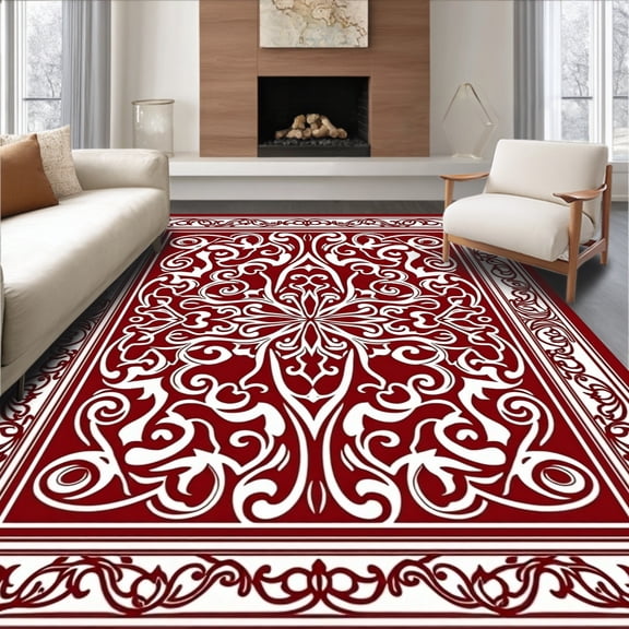 ODIKA 4'x6' Machine Washable Non-Slip Area Rug, Exotic Botanical Scroll Jacquard Embellished High Traffic Rug, Red, 663763