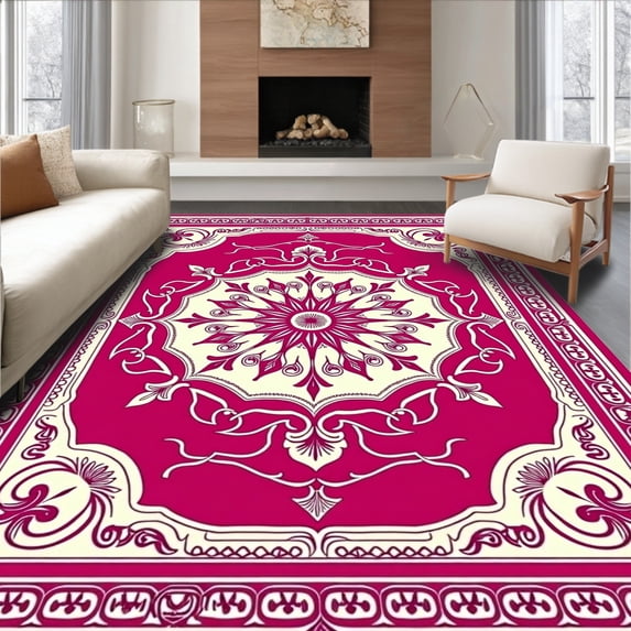 ODIKA 4'x6' Machine Washable Non-Slip Area Rug, Exotic Paisley Interlaced Baroque Luxurious Craftsmanship High Traffic Rug with Pad, Magenta, 571851