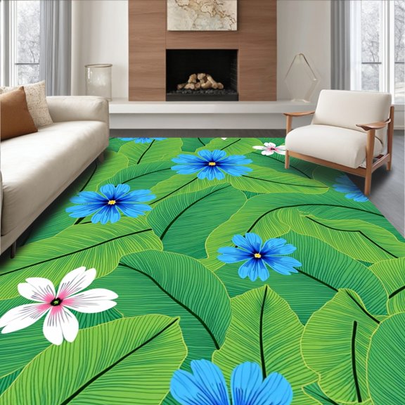 ODIKA 4x6 Machine Washable Non-Slip Area Rug, Exotic Rainforest Botanical Verdant Leaf High Traffic Rug, Green, 576612