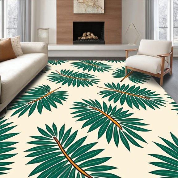 ODIKA 4x6 Machine Washable Non-Slip Area Rug, Exotic Rainforest Frond Tapestry Verdant Palm Motif High Traffic Rug, Beige, 576576