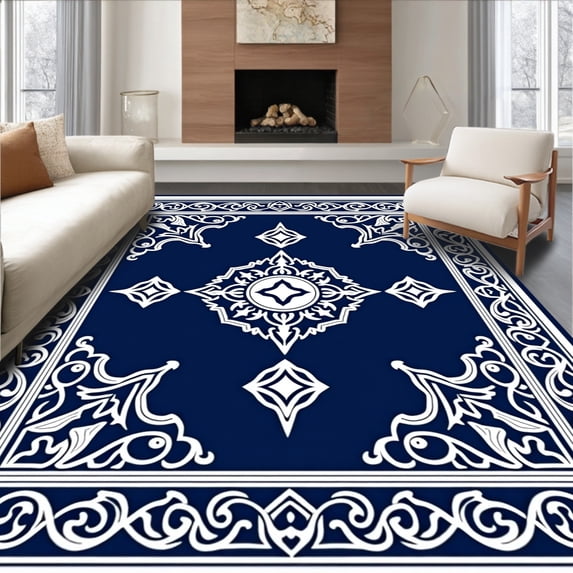 ODIKA 4'x6' Machine Washable Non-Slip Area Rug, Exquisite Baroque Luxury Foyer Enhancement High Traffic Rug, Blue, 555771