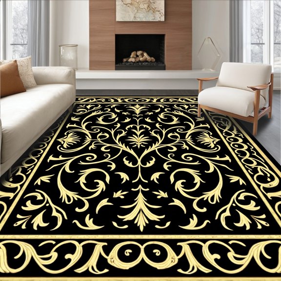 ODIKA 4'x6' Machine Washable Non-Slip Area Rug, Exquisite Damask Vine Jacquard Artistic High Traffic Rug, Black, 581802