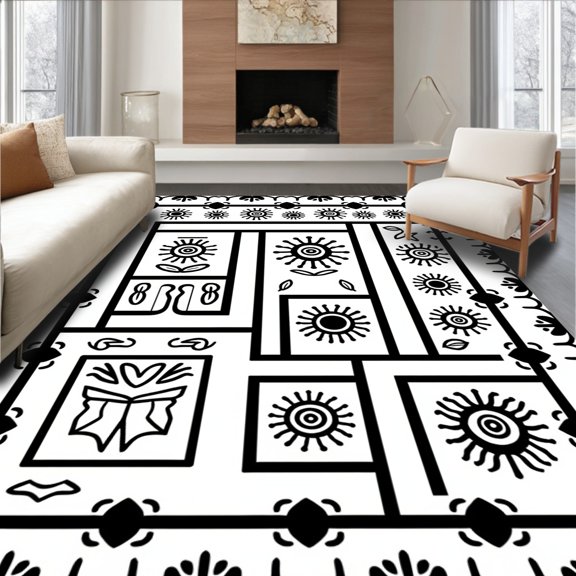 ODIKA 4'x6' Machine Washable Non-Slip Area Rug, Exquisite Maze Labyrinth Symmetrical Medallion Artistic Motif High Traffic Rug, Black, 522051