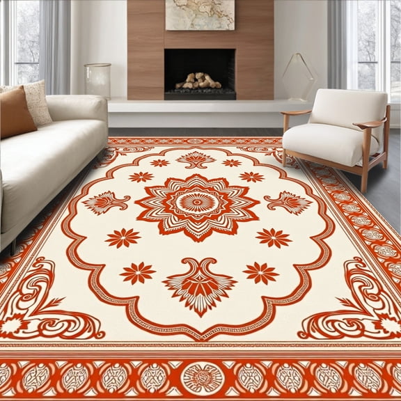 ODIKA 4'x6' Machine Washable Non-Slip Area Rug, Faded Heirloom Jewel Enchantment High Traffic Rug, Orange, 662762