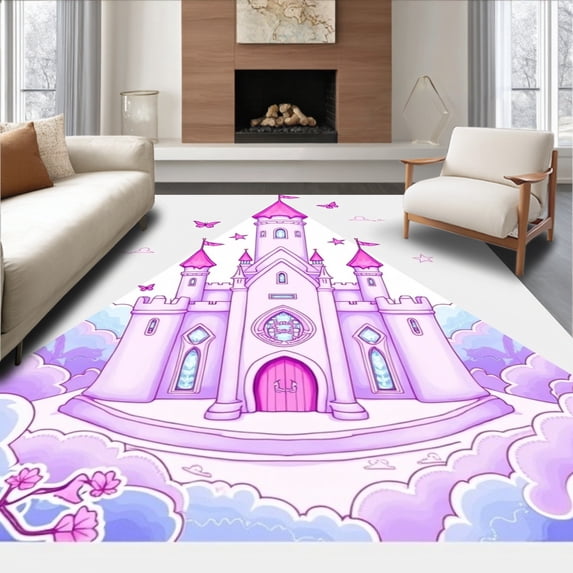 ODIKA 4'x6' Machine Washable Non-Slip Area Rug, Fairy Tale Castle Enchanted Fantasy Adventure High Traffic Rug, Pink, 724551