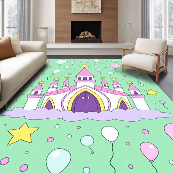 ODIKA 4'x6' Machine Washable Non-Slip Area Rug, Fairytale Castle Scene with Whimsical Balloons and Accents High Traffic Rug, Green, 724592