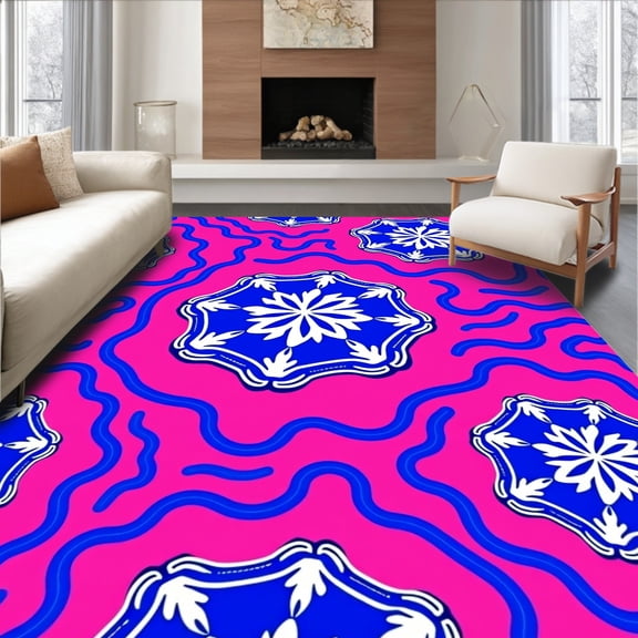ODIKA 4'x6' Machine Washable Non-Slip Area Rug, Fan Interlocking Wave and Crest Emblem High Traffic Rug, Pink, 669485