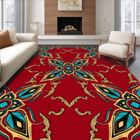 ODIKA 4'x6' Machine Washable Non-Slip Area Rug, Fantasy Dragon Scale Medallion Non Slip High Traffic Rug, Red, 546133