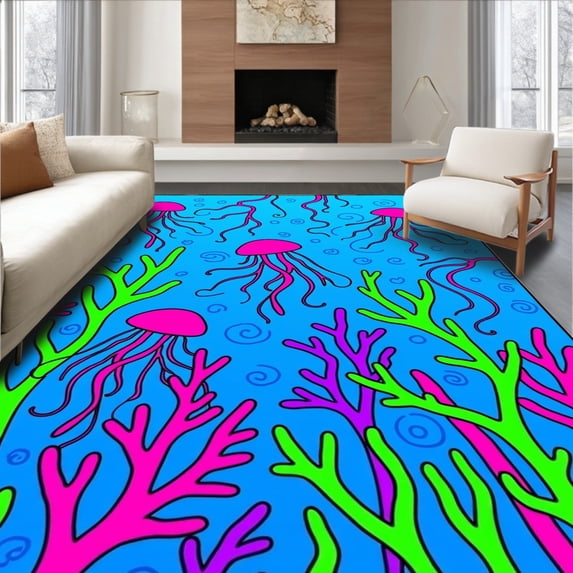 ODIKA 4'x6' Machine Washable Non-Slip Area Rug, Fantasy Seascape with Dreamy Jellyfish and Floating Coral Gardens High Traffic Rug with Pad, Blue, 726040