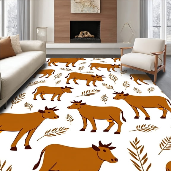 ODIKA 4'x6' Machine Washable Non-Slip Area Rug, Farm Animal Cattle Crochet Design with Hook Crafting Kit High Traffic Rug, Brown, 642815