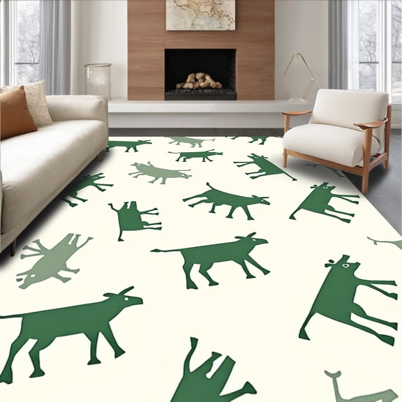 ODIKA 4'x6' Machine Washable Non-Slip Area Rug, Farmyard Bovine Latch Hook Crochet Needlework Kit High Traffic Rug, Green, 642778