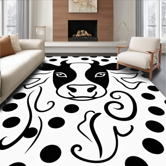 ODIKA 4'x6' Machine Washable Non-Slip Area Rug, Farmyard Bovine Latch Hook Needlework Project Handicraft High Traffic Rug, Black, 642809