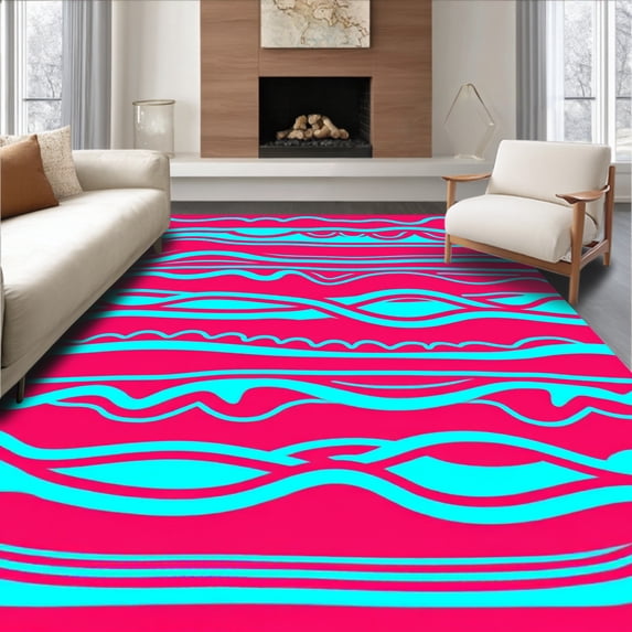 ODIKA 4'x6' Machine Washable Non-Slip Area Rug, Festival Canopy Stripe with Coral and Ocean Interlocking Waves High Traffic Rug with Pad, Pink, 618754