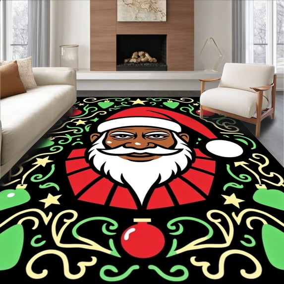 ODIKA 4'x6' Machine Washable Non-Slip Area Rug, Festive African American Santa Claus With Intricate Holiday Ornament Motifs High Traffic Rug with Pad, Black, 740282