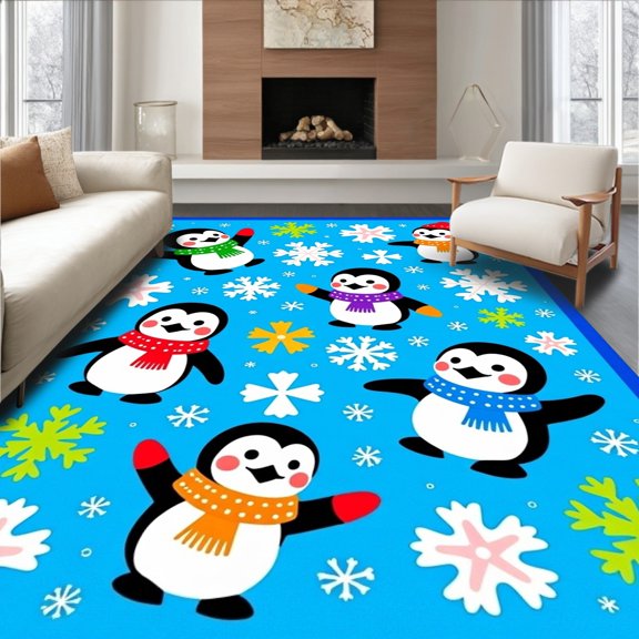 ODIKA 4'x6' Machine Washable Non-Slip Area Rug, Festive Arctic Wildlife Latch Hook Pillow Kit Cross Stitch Project High Traffic Rug, Blue, 618667