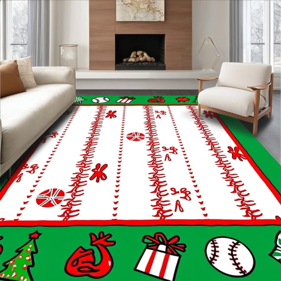 ODIKA 4x6 Machine Washable Non-Slip Area Rug, Festive Baseball Stitch Motif with Playful Embroidery Art High Traffic Rug, Green, 646105