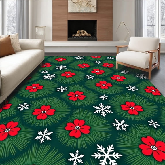 ODIKA 4'x6' Machine Washable Non-Slip Area Rug, Festive Berry Half Moon Entrance Welcome Holiday Hearth High Traffic Rug, Green, 608725