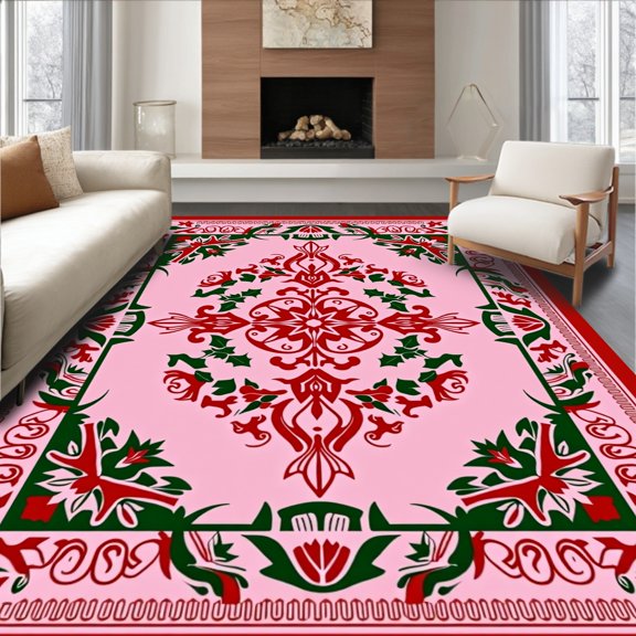 ODIKA 4'x6' Machine Washable Non-Slip Area Rug, Festive Blessing Medallion with Intricate Angelic Motif and Holly Sprigs High Traffic Rug, Pink, 633858
