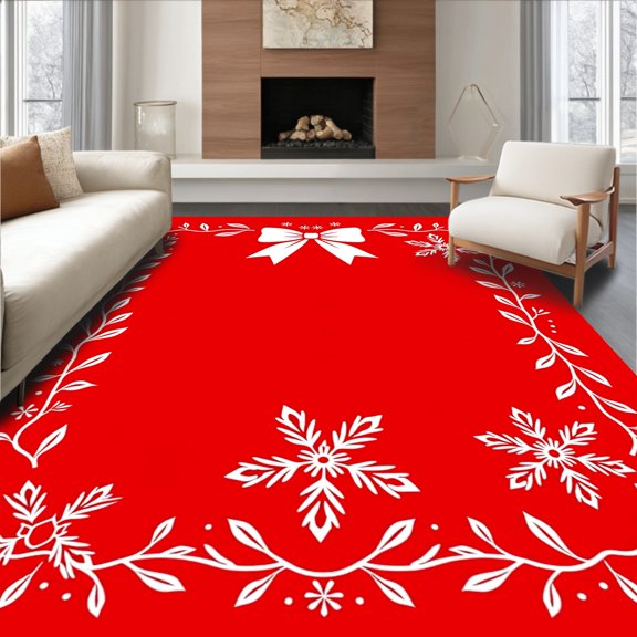 ODIKA 4'x6' Machine Washable Non-Slip Area Rug, Festive Bow with Holly Berry Sprigs and Snowflake Accents High Traffic Rug, Red, 735507