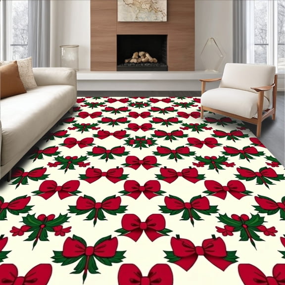 ODIKA 4'x6' Machine Washable Non-Slip Area Rug, Festive Bow with Interlocking Holly Leaf and Berry Accents High Traffic Rug, Red, 638638