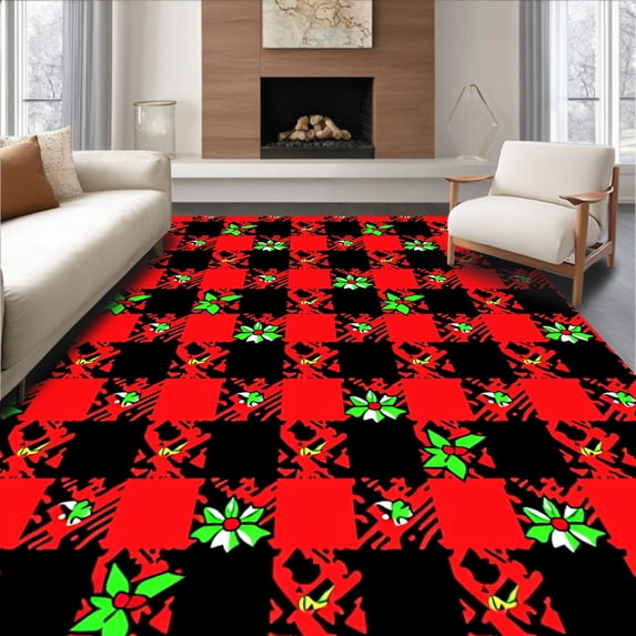 ODIKA 4'x6' Machine Washable Non-Slip Area Rug, Festive Buffalo Plaid Holiday Xmas Decoration High Traffic Rug with Pad, Red, 627581