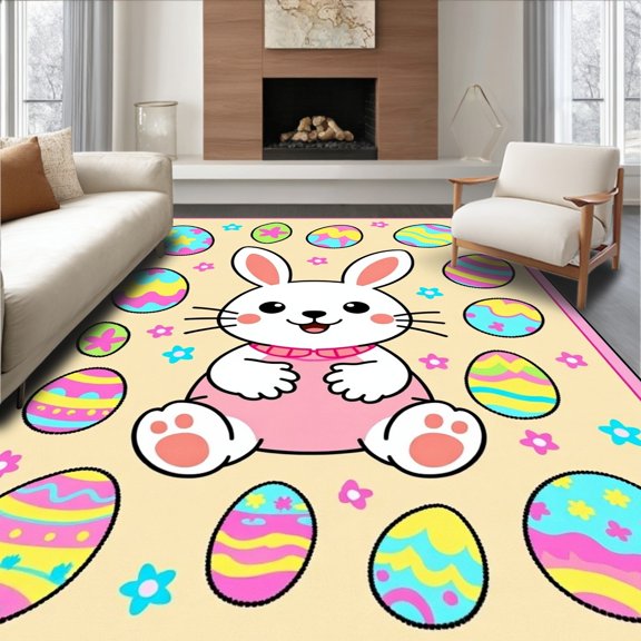 ODIKA 4x6 Machine Washable Non-Slip Area Rug, Festive Bunny Egg Hunt Latch Hook Project Tapestry Creation High Traffic Rug, Beige, 637615