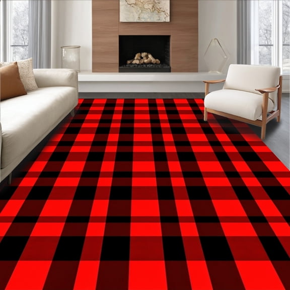 ODIKA 4x6 Machine Washable Non-Slip Area Rug, Festive Checkered Holiday Entrance Gingham Design Doormat High Traffic Rug with Pad, Red, 622542