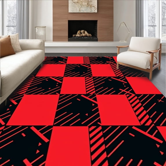 ODIKA 4'x6' Machine Washable Non-Slip Area Rug, Festive Checkered Holiday Welcome with Traditional Plaid Design High Traffic Rug, Red, 504147