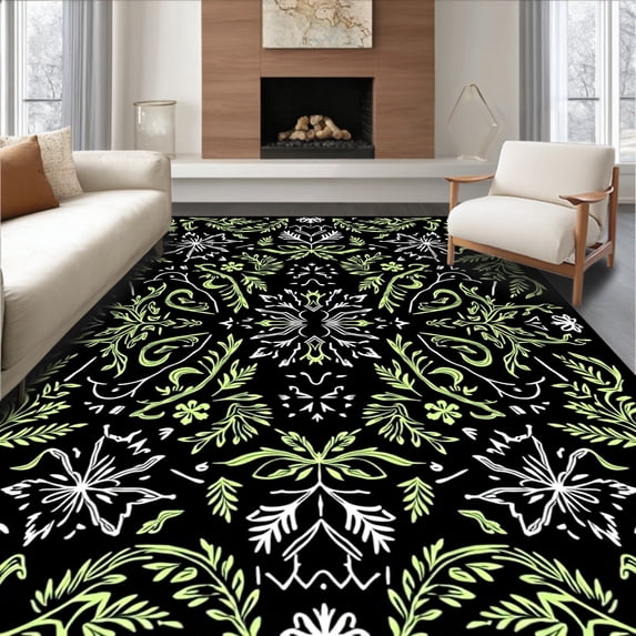 ODIKA 4'x6' Machine Washable Non-Slip Area Rug, Festive Evergreen Branches Intertwined with Sparkling Snowflake Motifs High Traffic Rug, Black, 621298