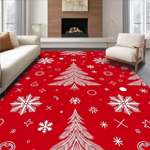 ODIKA 4'x6' Machine Washable Non-Slip Area Rug, Festive Evergreen Decorative Holiday High Traffic Rug with Pad, Red, 742250