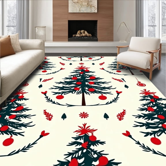 ODIKA 4'x6' Machine Washable Non-Slip Area Rug, Festive Evergreen Holiday Traditional Yuletide Celebration High Traffic Rug, Red, 618557
