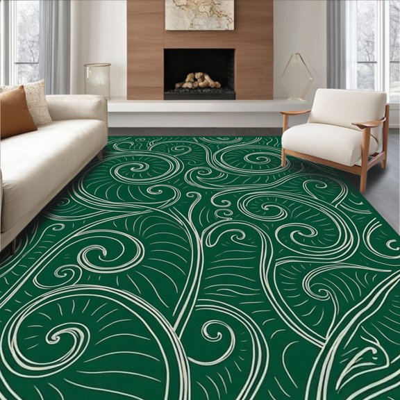 ODIKA 4x6 Machine Washable Non-Slip Area Rug, Festive Evergreen Spiral Art Nouveau Whimsy High Traffic Rug, Green, 624398