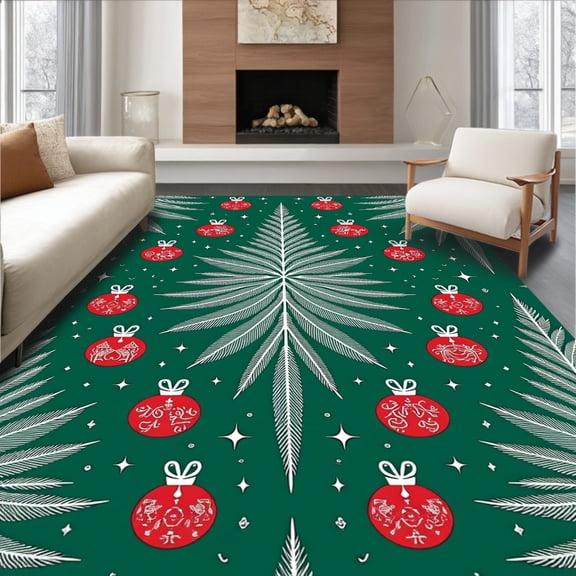 ODIKA 4'x6' Machine Washable Non-Slip Area Rug, Festive Evergreen With Decorated Fir Embellishment High Traffic Rug, Green, 605737