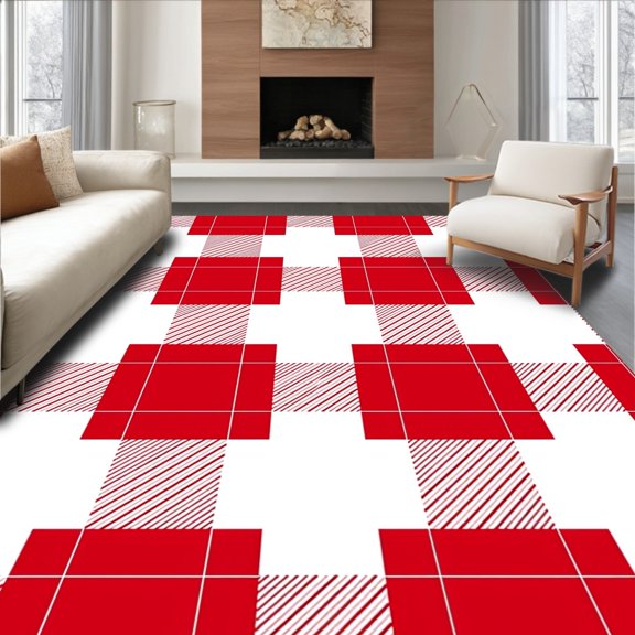 ODIKA 4'x6' Machine Washable Non-Slip Area Rug, Festive Gingham Yuletide Welcome Entryway High Traffic Rug, Red, 616994