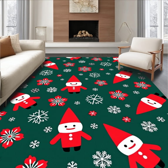 ODIKA 4'x6' Machine Washable Non-Slip Area Rug, Festive Gnome Holiday Entrance With Jolly Elves High Traffic Rug with Pad, Green, 628084