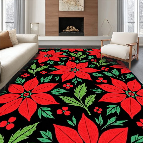 ODIKA 4'x6' Machine Washable Non-Slip Area Rug, Festive Holiday Stitch DIY Creation High Traffic Rug, Black, 743919