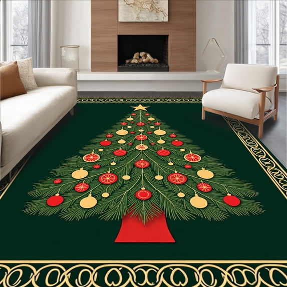 ODIKA 4'x6' Machine Washable Non-Slip Area Rug, Festive Holiday Tree Semi Circle Entrance High Traffic Rug with Pad, Green, 605536