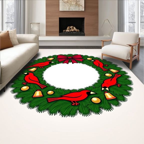 ODIKA 4'x6' Machine Washable Non-Slip Area Rug, Festive Holiday Wreath Pine Needles Embroidery with Cardinal Birds High Traffic Rug, Green, 643015