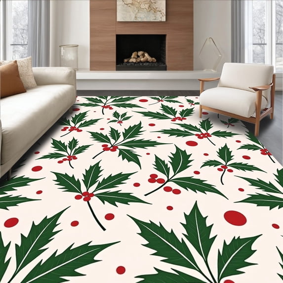 ODIKA 4'x6' Machine Washable Non-Slip Area Rug, Festive Holly Pine Leaf Yuletide Holiday Farmhouse High Traffic Rug with Pad, Green, 732220