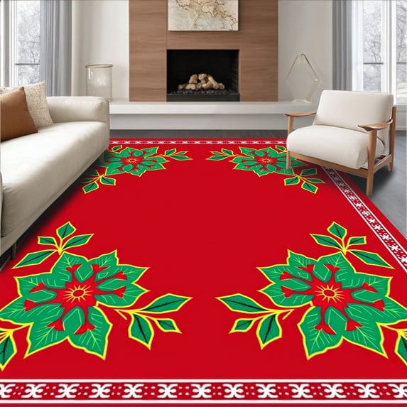 ODIKA 4'x6' Machine Washable Non-Slip Area Rug, Festive Holly Wreath with Snowflake Border Design High Traffic Rug, Red, 605900
