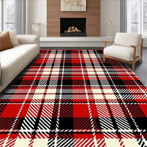 ODIKA 4'x6' Machine Washable Non-Slip Area Rug, Festive Lumberjack Tartan Heritage Country Cabin Design High Traffic Rug, Red, 615263
