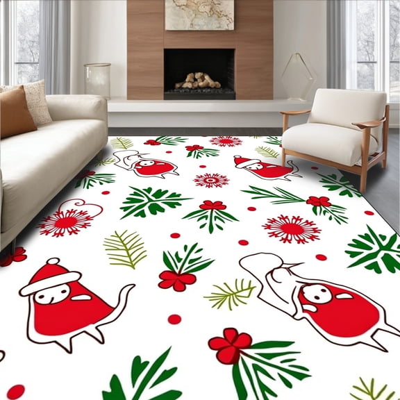 ODIKA 4'x6' Machine Washable Non-Slip Area Rug, Festive Meow Crochet Loom Creation High Traffic Rug, Red, 746086