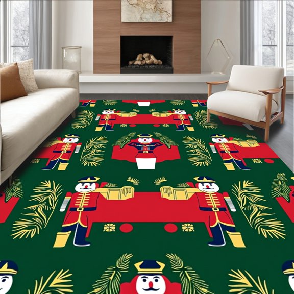 ODIKA 4x6 Machine Washable Non-Slip Area Rug, Festive Nutcracker Brigade Holiday Welcome Entrance High Traffic Rug, Green, 608403