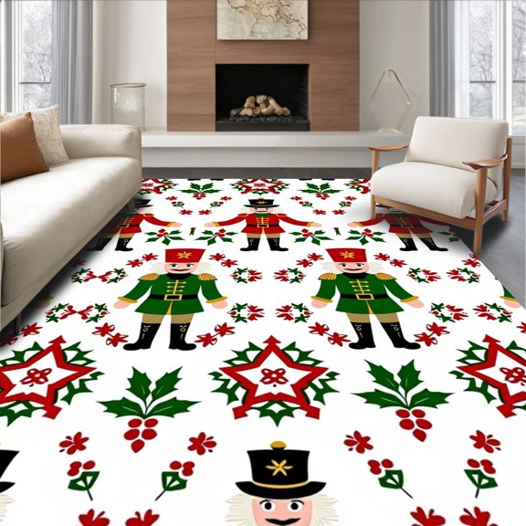 ODIKA 4x6 Machine Washable Non-Slip Area Rug, Festive Nutcracker Holiday Decorative Joyful Winter Celebration High Traffic Rug, Red, 607999