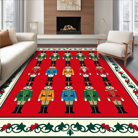 ODIKA 4x6 Machine Washable Non-Slip Area Rug, Festive Nutcracker Parade Holiday Doormat Welcome Entrance High Traffic Rug, Red, 656180