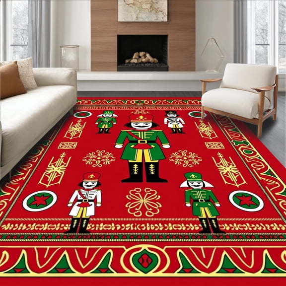 ODIKA 4x6 Machine Washable Non-Slip Area Rug, Festive Nutcracker Soldier Bathroom With Hooks High Traffic Rug, Red, 622255